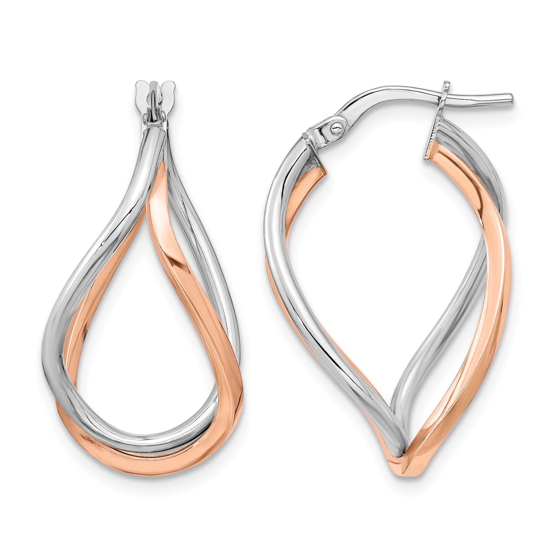 14k Yellow Gold w/White Rhodium and Rose Gold-plated Swirl Hoops