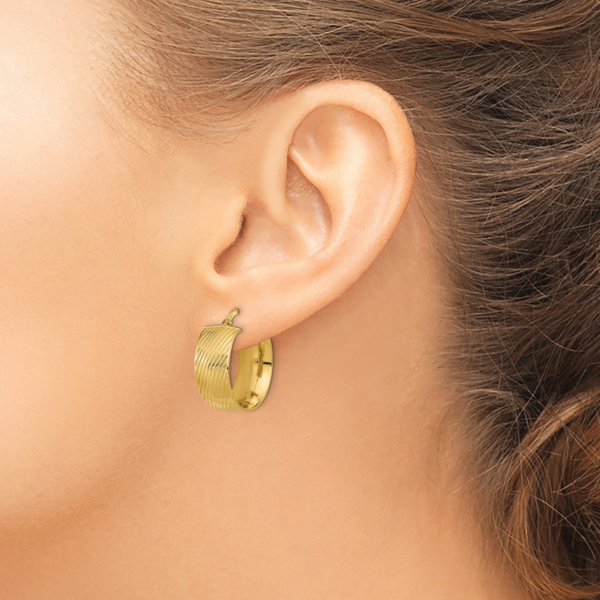 14K 8mm Polished Textured Hinged Hoop Earrings
