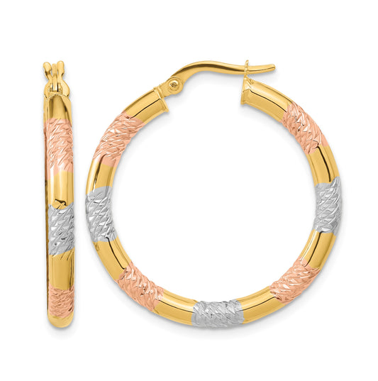 14k with Rose and White Rhodium Diamond-cut 3.0mm Hoop Earrings