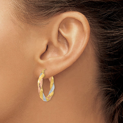 14k w/ White/Rose RH Polished & D/C Twist Hoop Earrings
