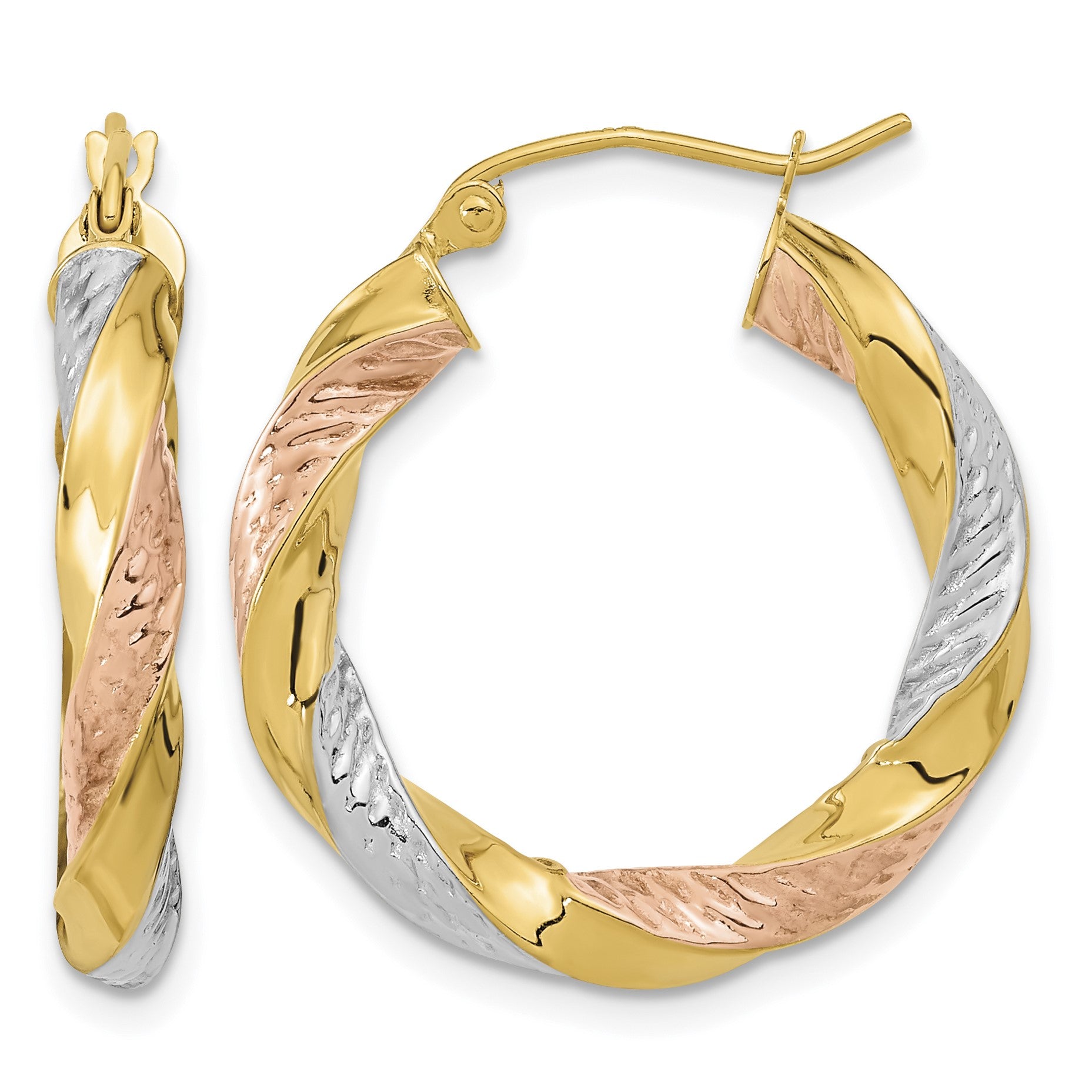 14k w/ White/Rose RH Polished & D/C Twist Hoop Earrings