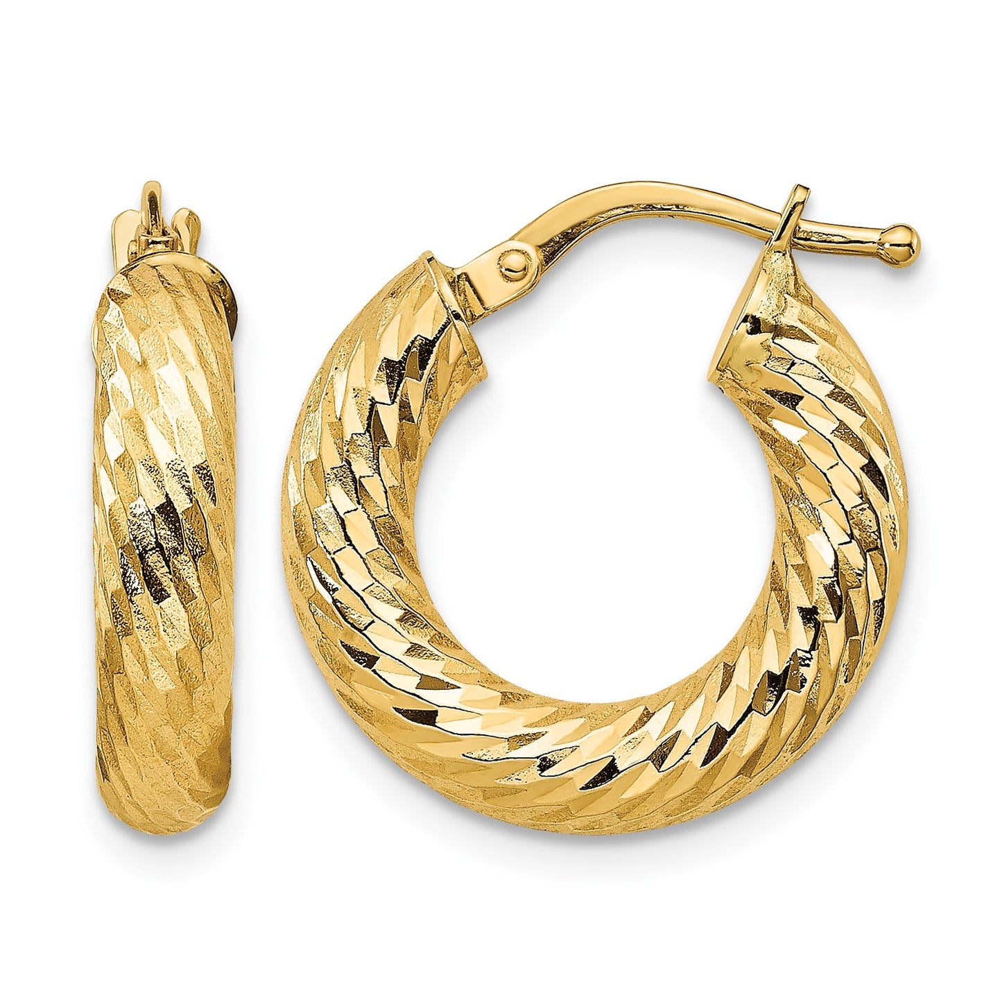 14k 4x18mm Diamond-cut Round Tube Hoop Earrings