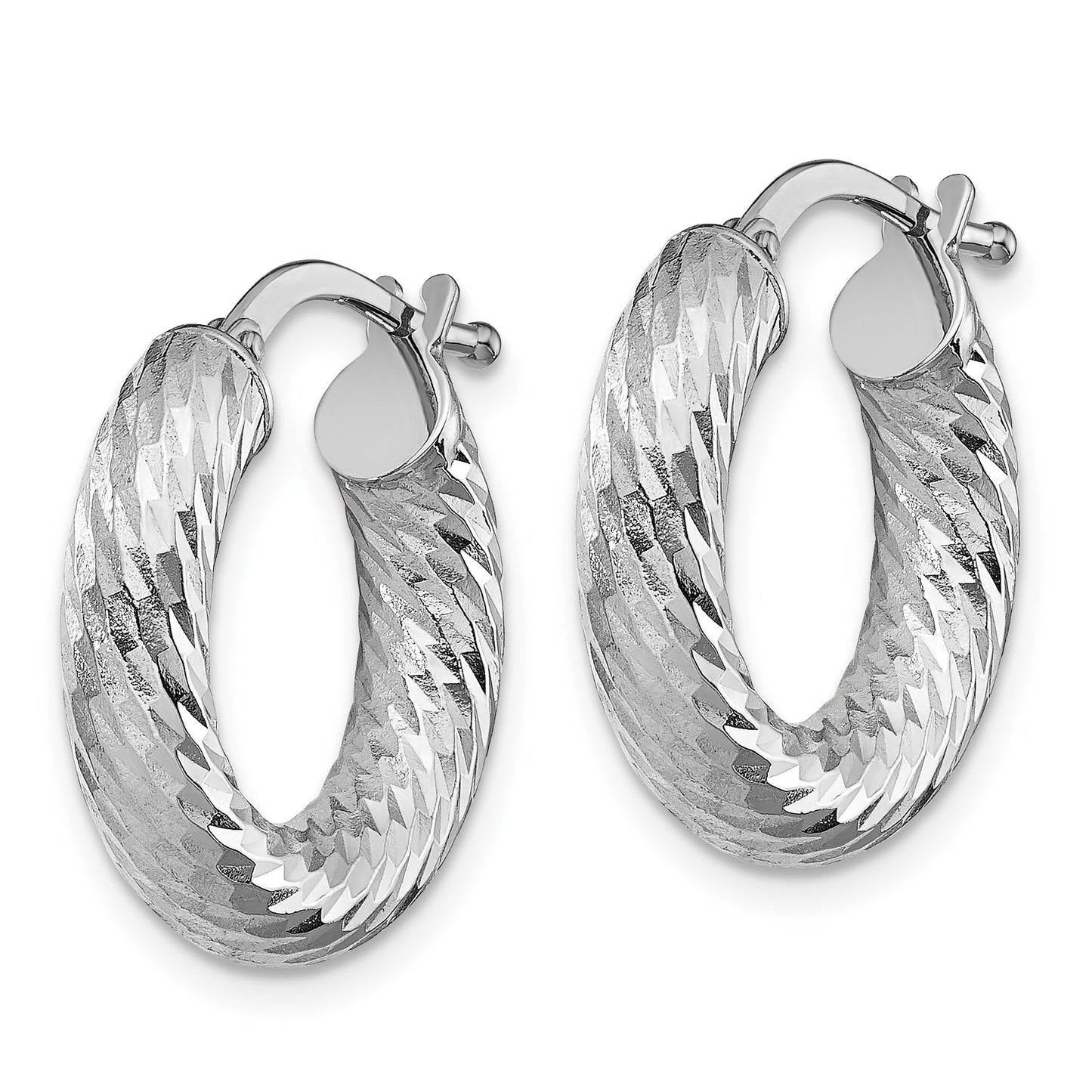 14k White Gold 4x18mm Diamond-cut Round Tube Hoop Earrings
