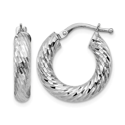 14k White Gold 4x18mm Diamond-cut Round Tube Hoop Earrings