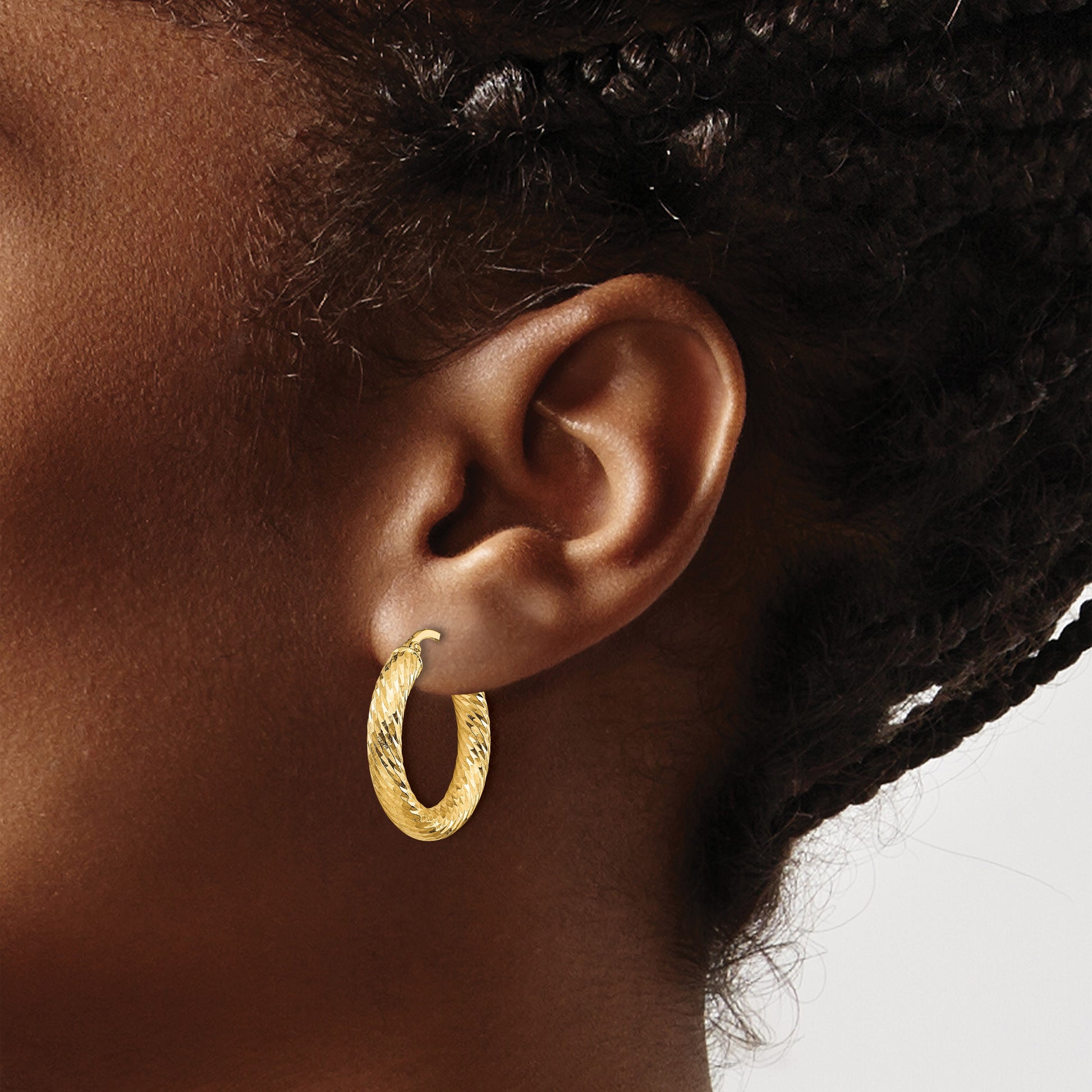 14k 4x22mm Polished Diamond-cut Round Tube Hoop Earrings