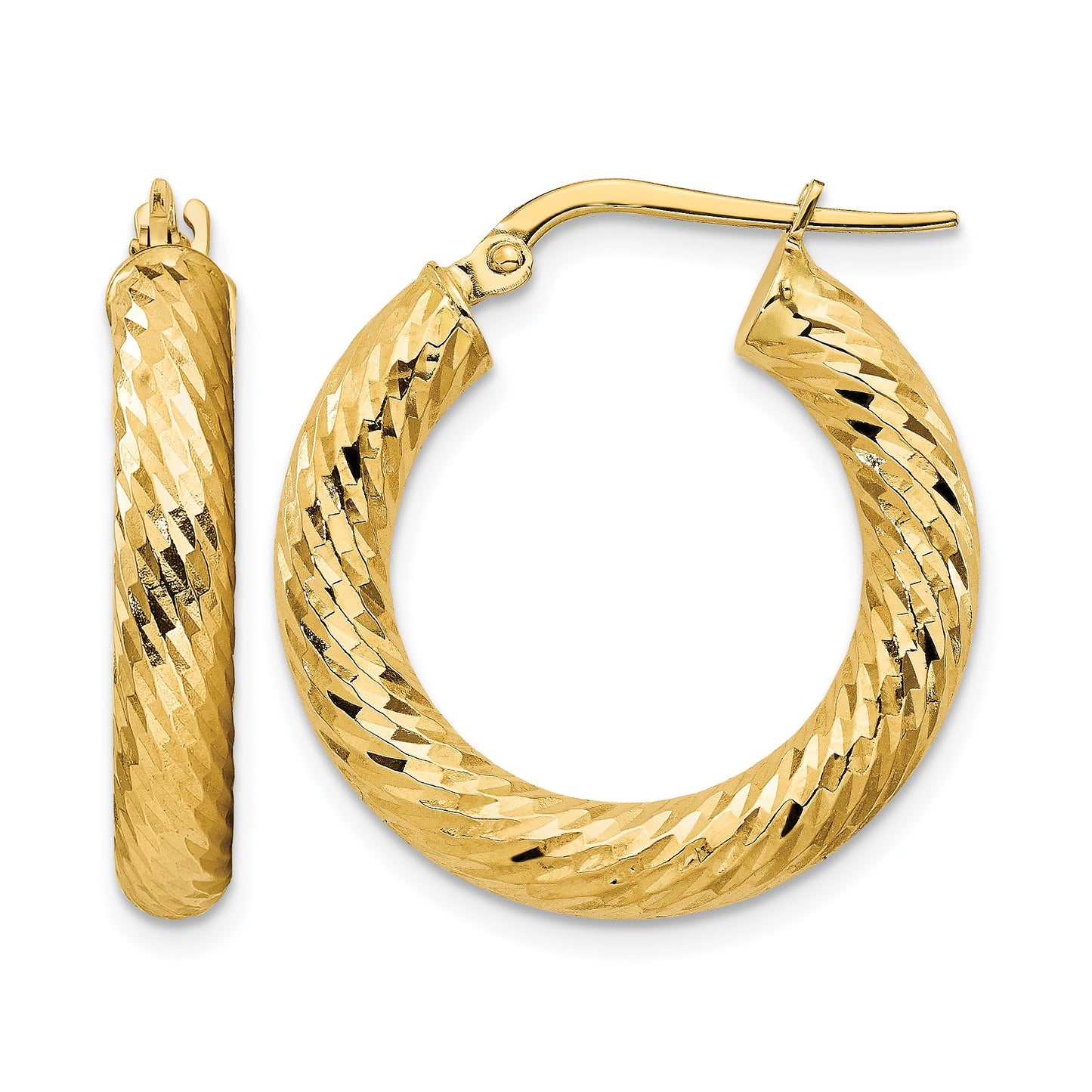 14k 4x22mm Polished Diamond-cut Round Tube Hoop Earrings