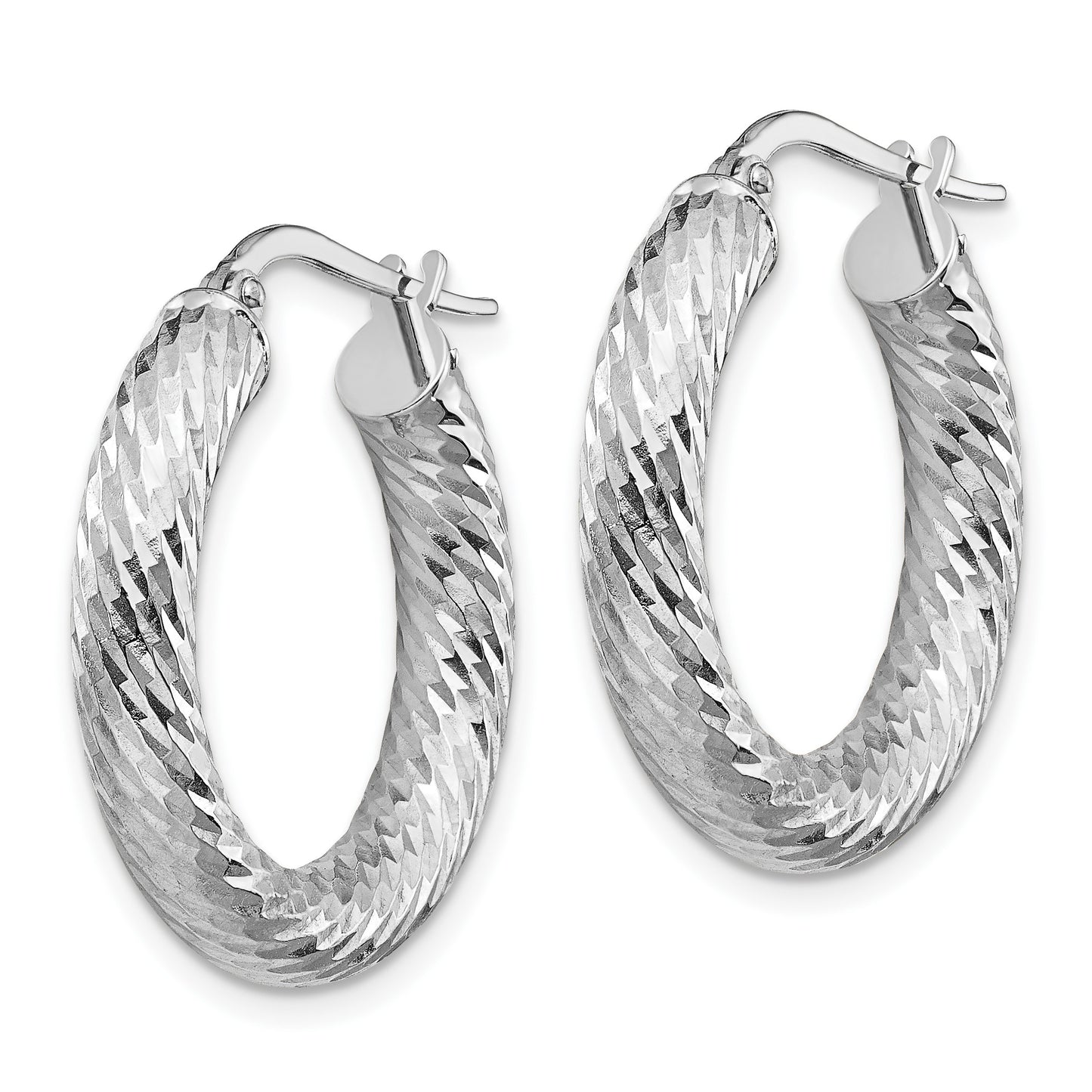 14k White Gold 4x22mm Diamond-cut Round Tube Hoop Earrings