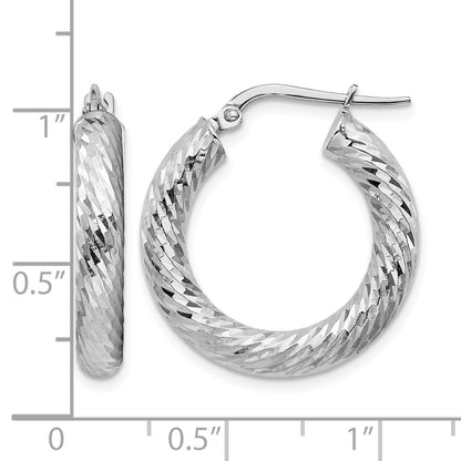 14k White Gold 4x22mm Diamond-cut Round Tube Hoop Earrings