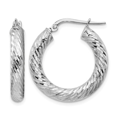 14k White Gold 4x22mm Diamond-cut Round Tube Hoop Earrings