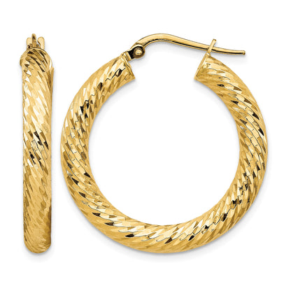 14k 4x30mm Diamond-cut Round Tube Hoop Earrings