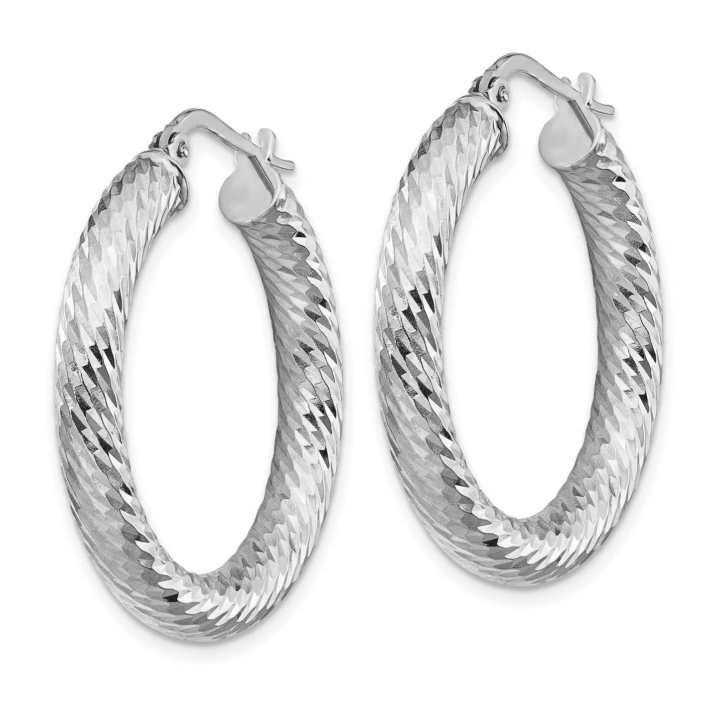 14k White Gold 4x30mm Diamond-cut Round Tube Hoop Earrings