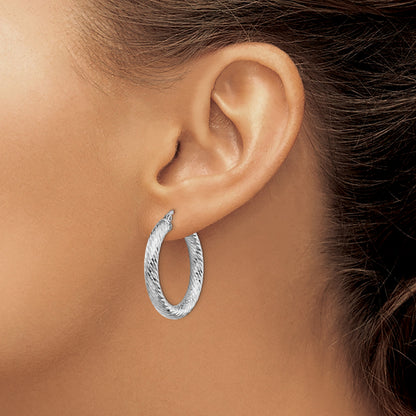 14k White Gold 4x30mm Diamond-cut Round Tube Hoop Earrings