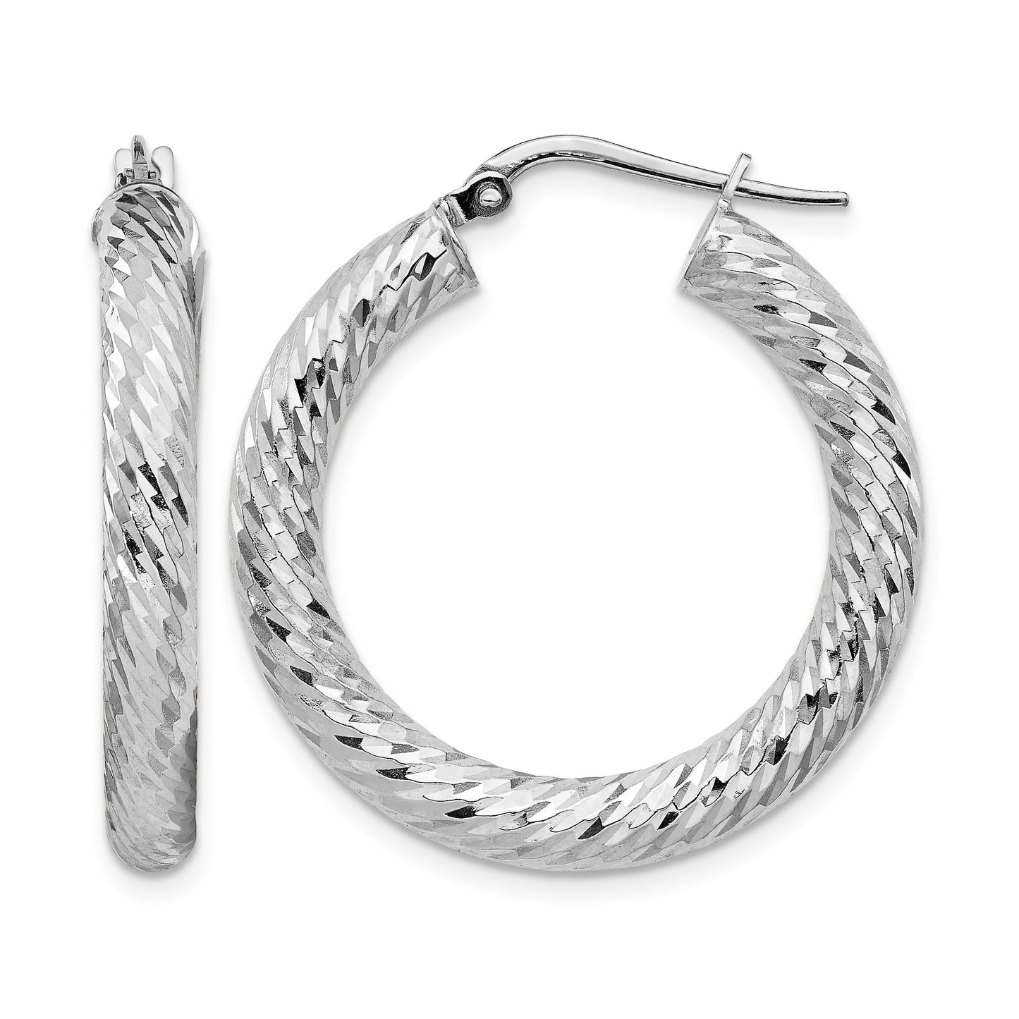 14k White Gold 4x30mm Diamond-cut Round Tube Hoop Earrings