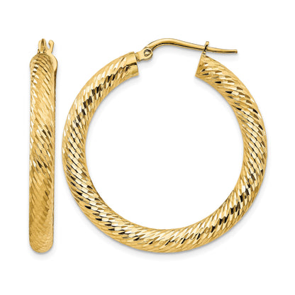 14k 4x35mm Diamond-cut Round Tube Hoop Earrings
