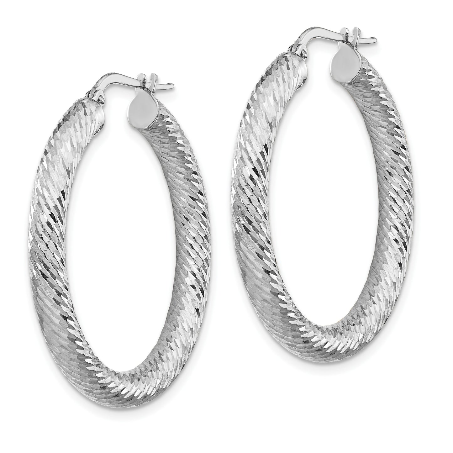 14k White Gold 4x35mm Diamond-cut Round Tube Hoop Earrings