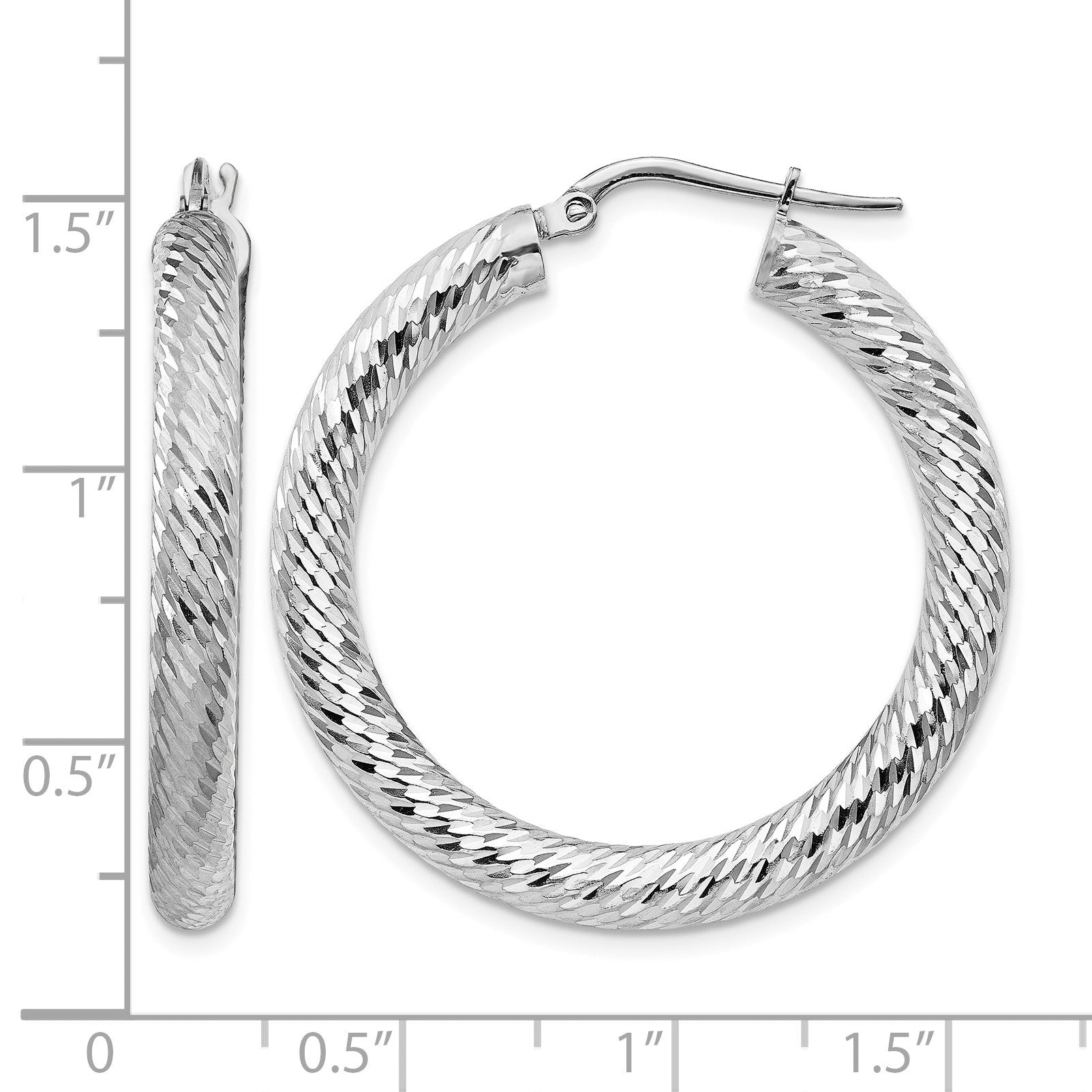 14k White Gold 4x35mm Diamond-cut Round Tube Hoop Earrings