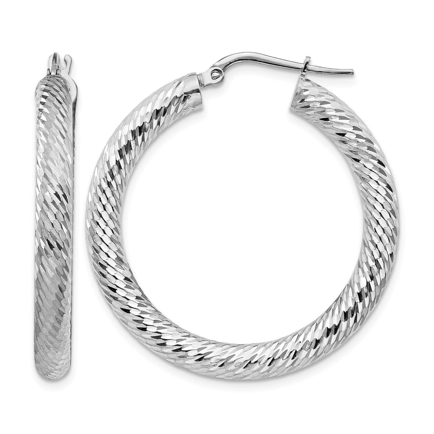 14k White Gold 4x35mm Diamond-cut Round Tube Hoop Earrings