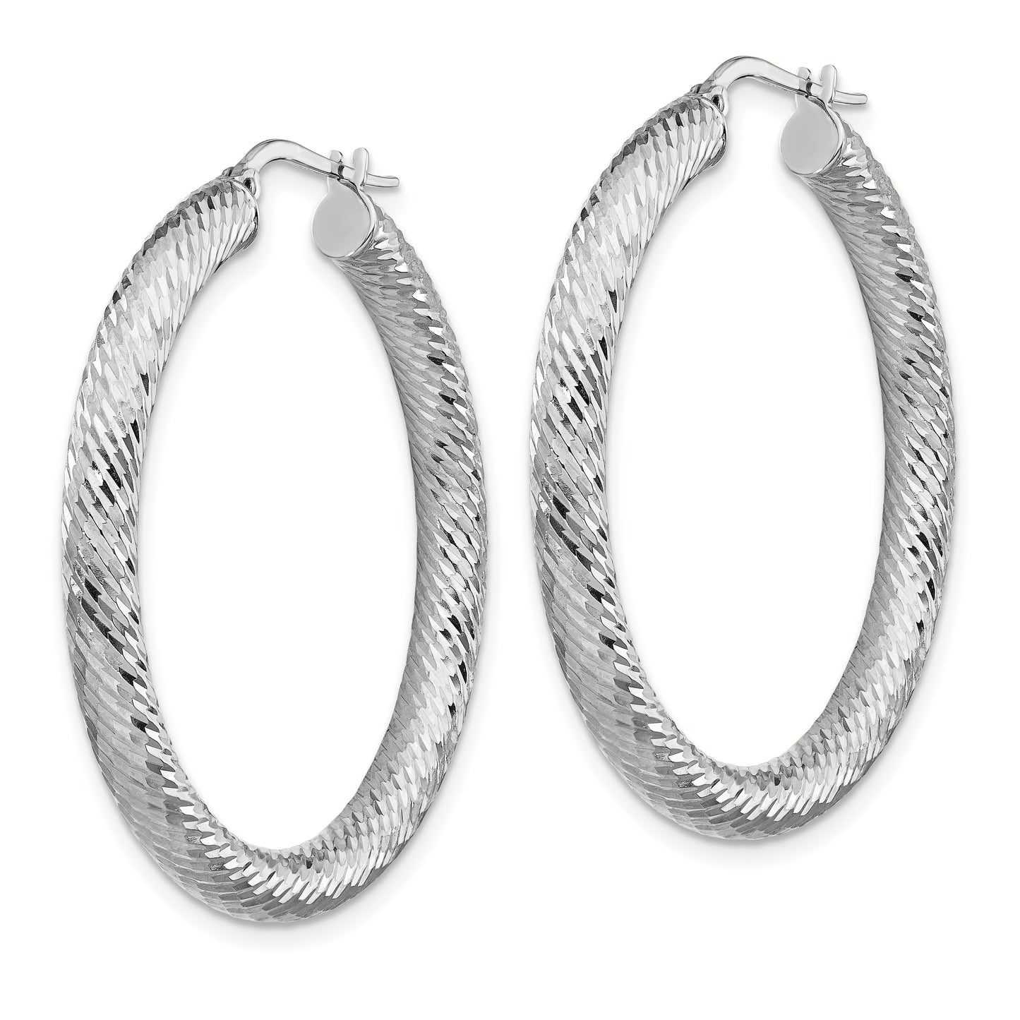 14k White Gold 4x40mm Diamond-cut Round Tube Hoop Earrings