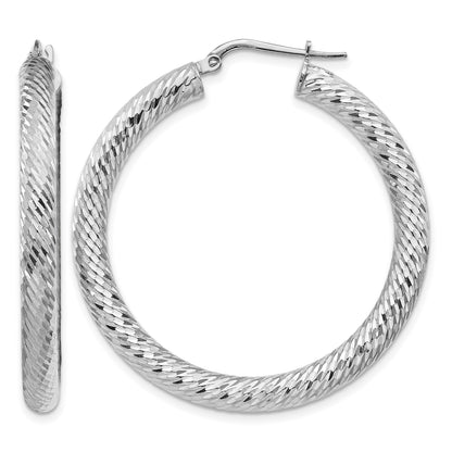 14k White Gold 4x40mm Diamond-cut Round Tube Hoop Earrings