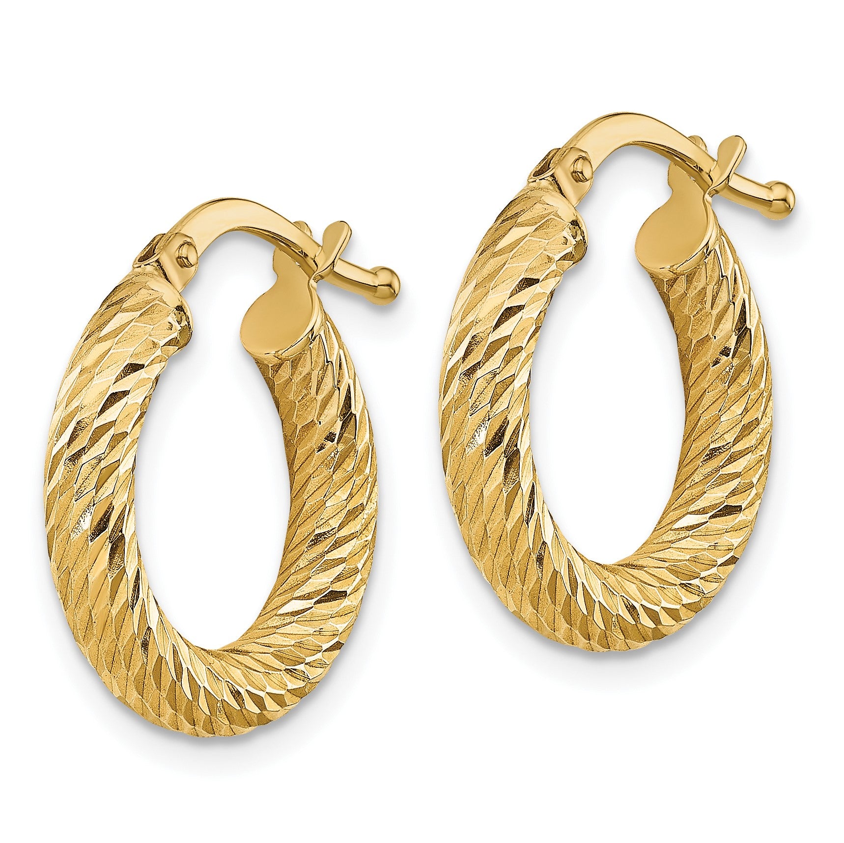 14k 3x16mm Diamond-cut Round Tube Hoop Earrings