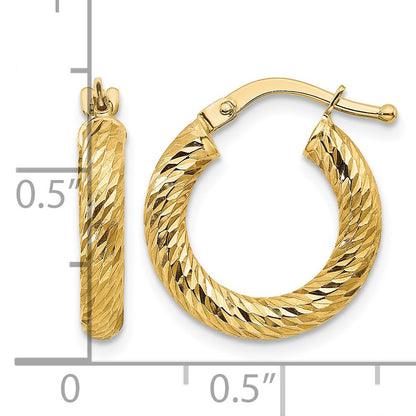 14k 3x16mm Diamond-cut Round Tube Hoop Earrings