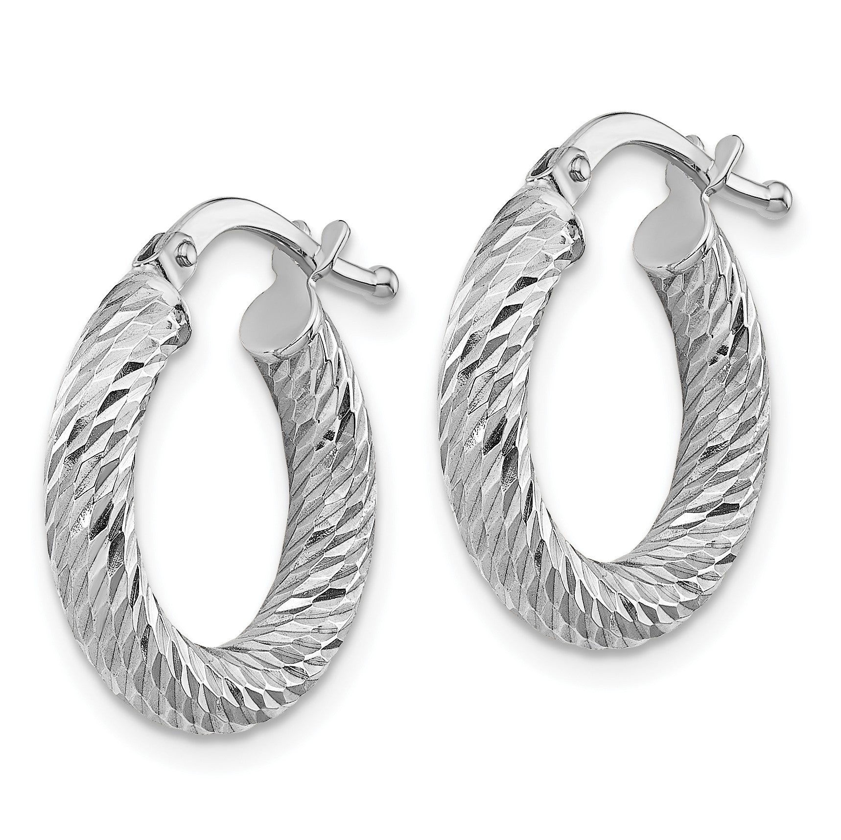 14k White Gold 3x16mm Diamond-cut Round Tube Hoop Earrings