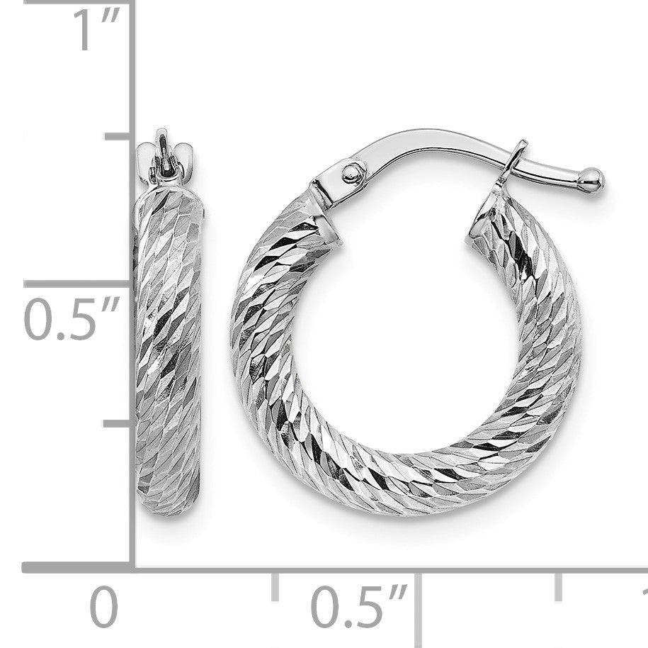 14k White Gold 3x16mm Diamond-cut Round Tube Hoop Earrings