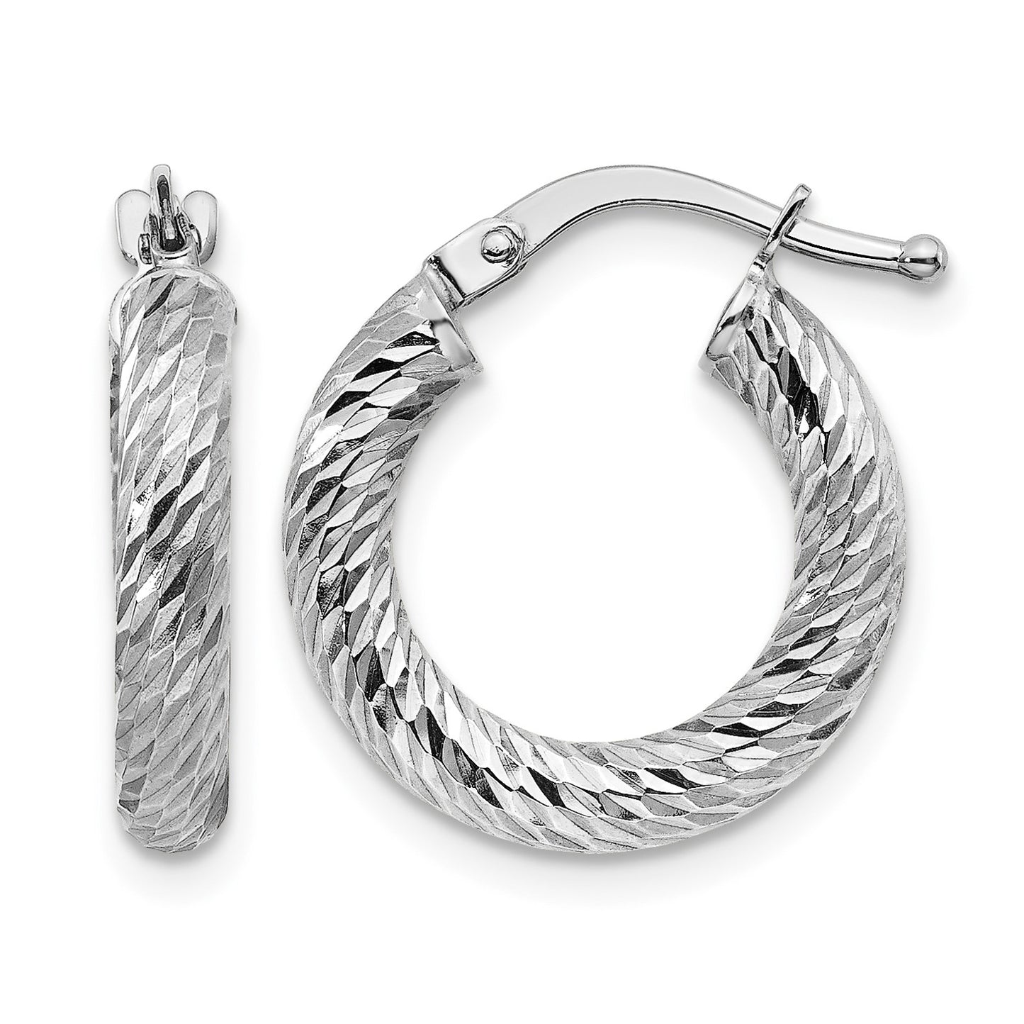 14k White Gold 3x16mm Diamond-cut Round Tube Hoop Earrings