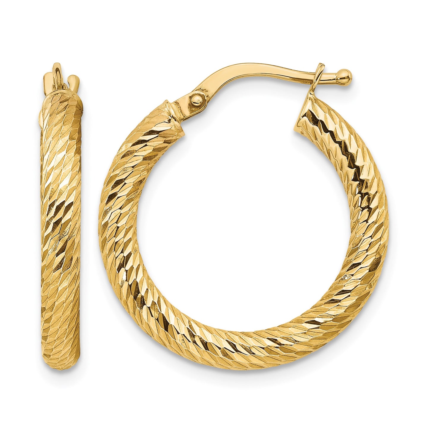 14k 3x22mm Polished Diamond-cut Round Tube Hoop Earrings