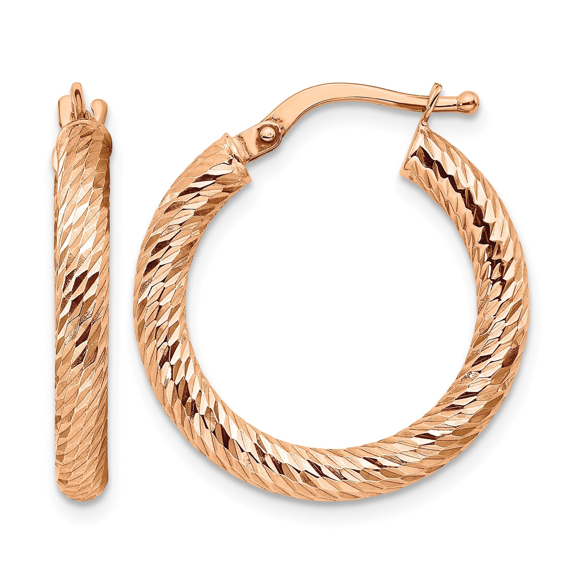 14k Rose Gold 3x22mm Polished Diamond-cut Round Tube Hoop Earrings