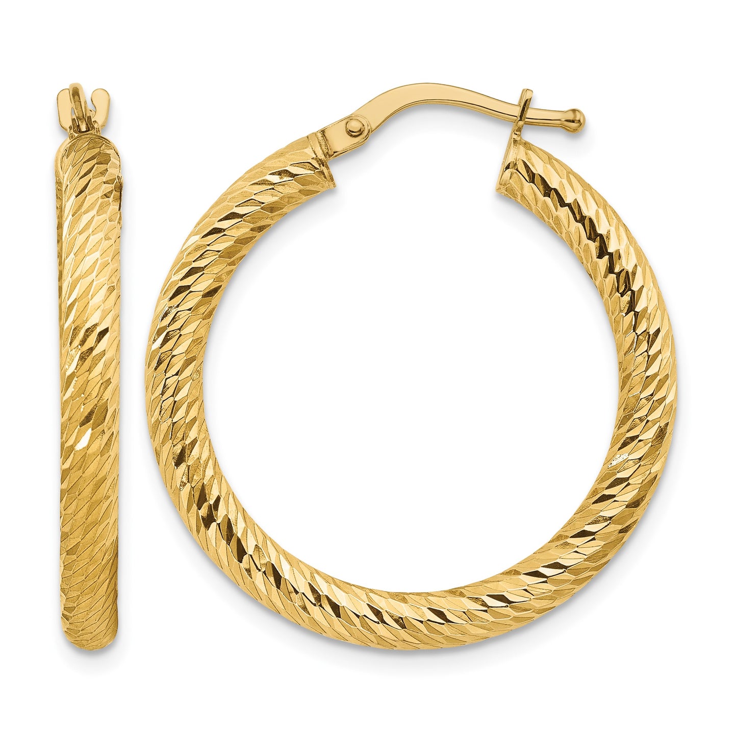 14k 3x27mm Diamond-cut Round Tube Hoop Earrings