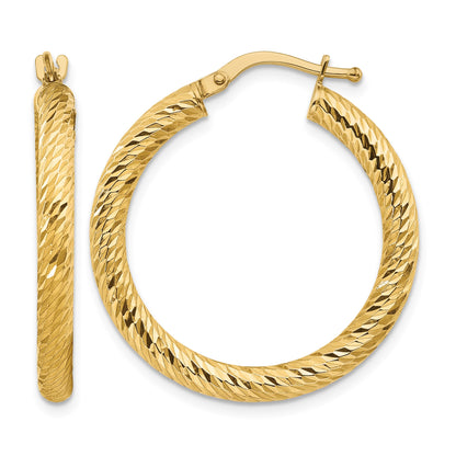 14k 3x27mm Diamond-cut Round Tube Hoop Earrings