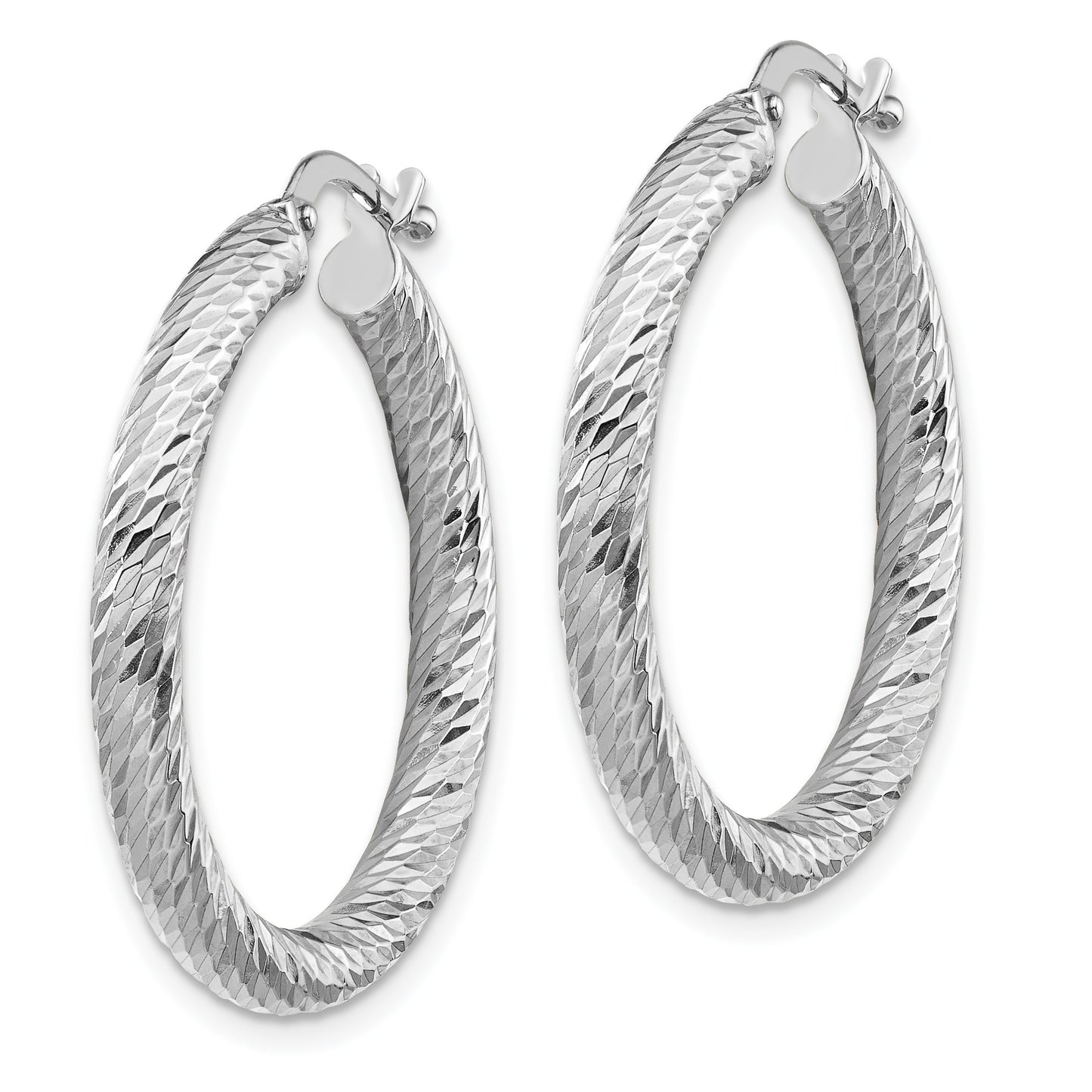 14k White Gold 3x27mm Diamond-cut Round Tube Hoop Earrings