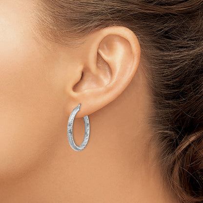 14k White Gold 3x27mm Diamond-cut Round Tube Hoop Earrings