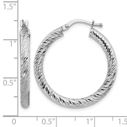 14k White Gold 3x27mm Diamond-cut Round Tube Hoop Earrings