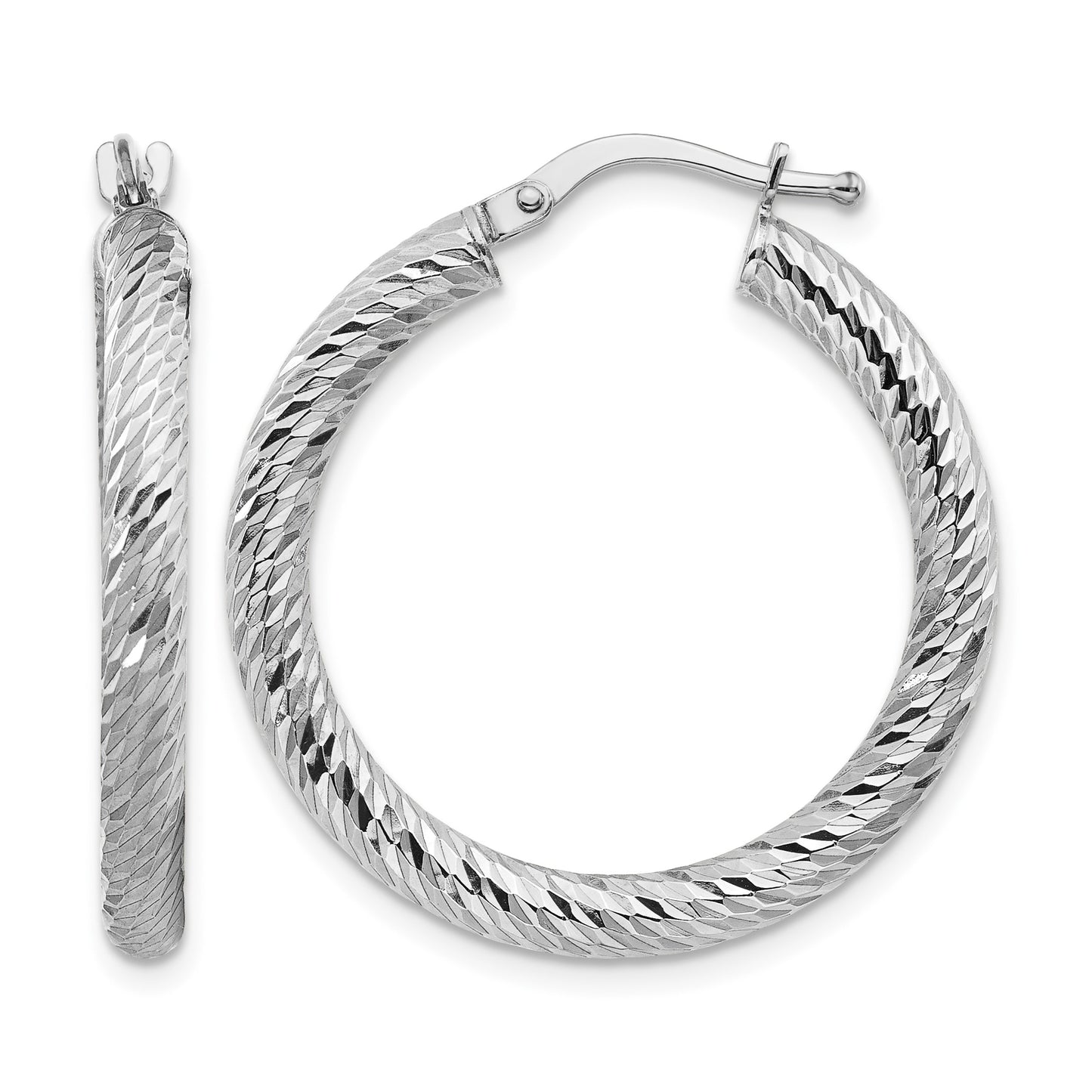 14k White Gold 3x27mm Diamond-cut Round Tube Hoop Earrings