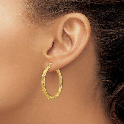 14k 3x32mm Diamond-cut Round Tube Hoop Earrings