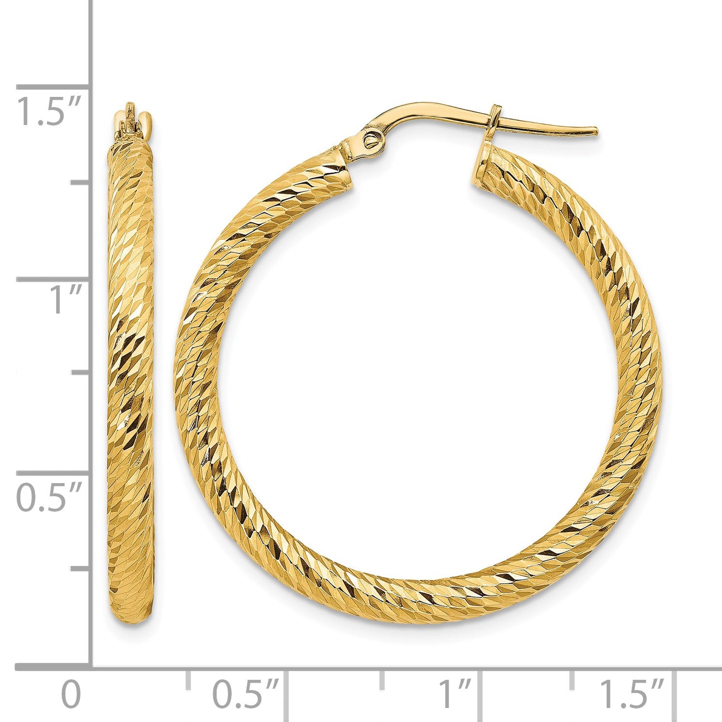 14k 3x32mm Diamond-cut Round Tube Hoop Earrings