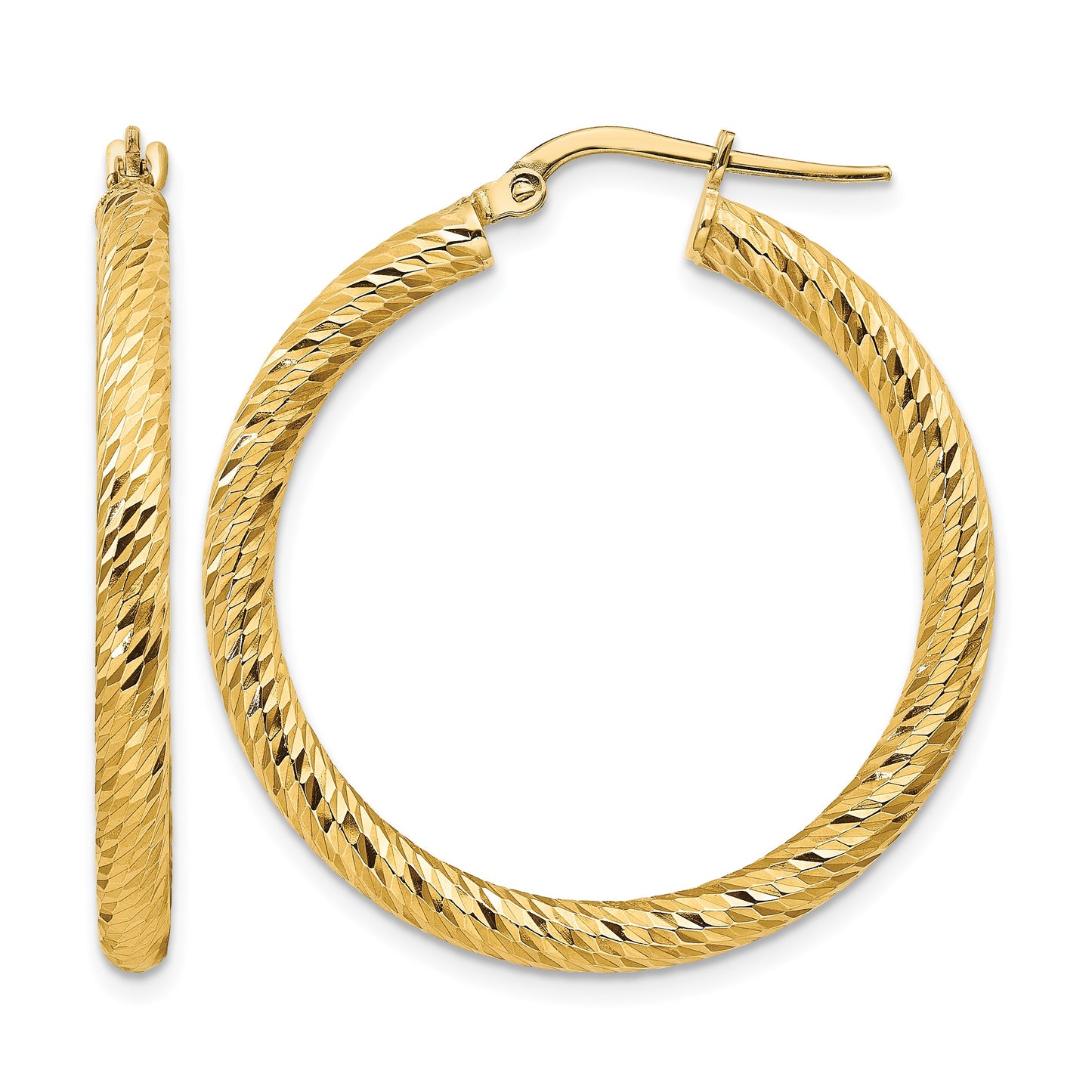 14k 3x32mm Diamond-cut Round Tube Hoop Earrings