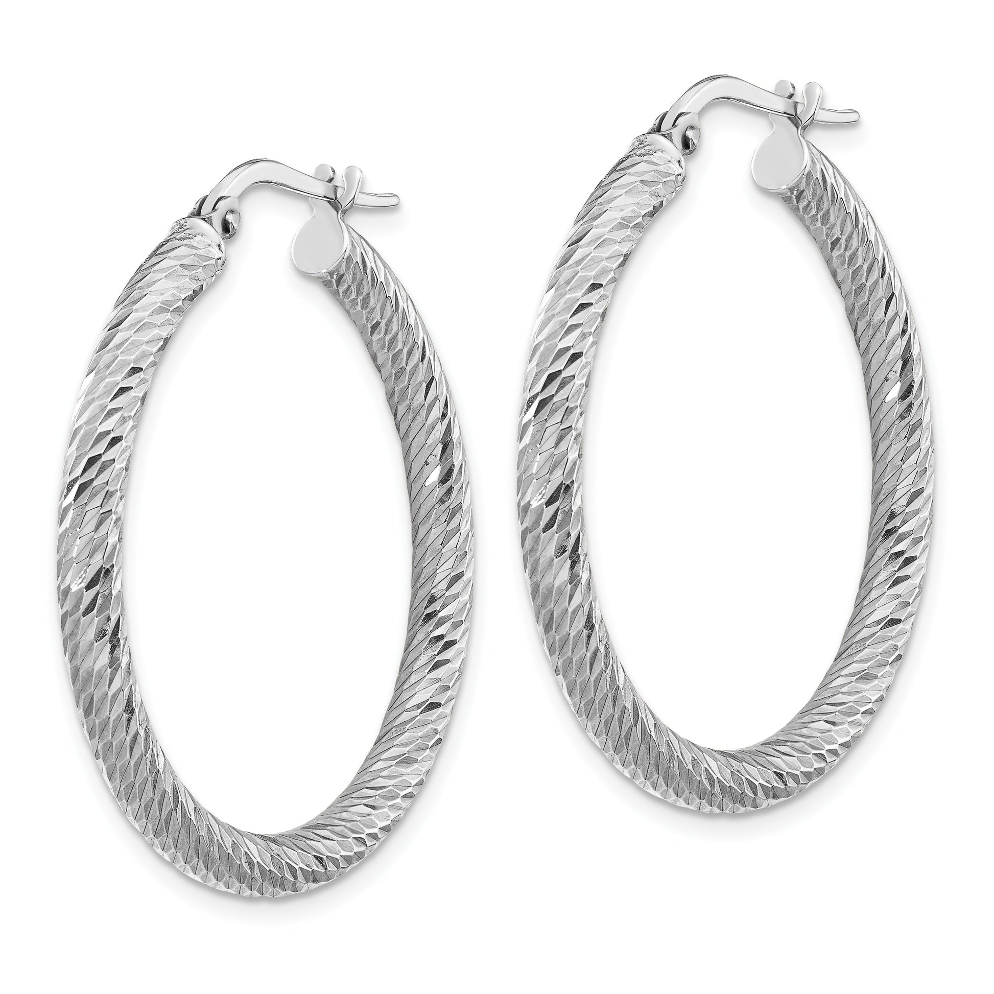 14k White Gold 3x32mm Diamond-cut Round Tube Hoop Earrings