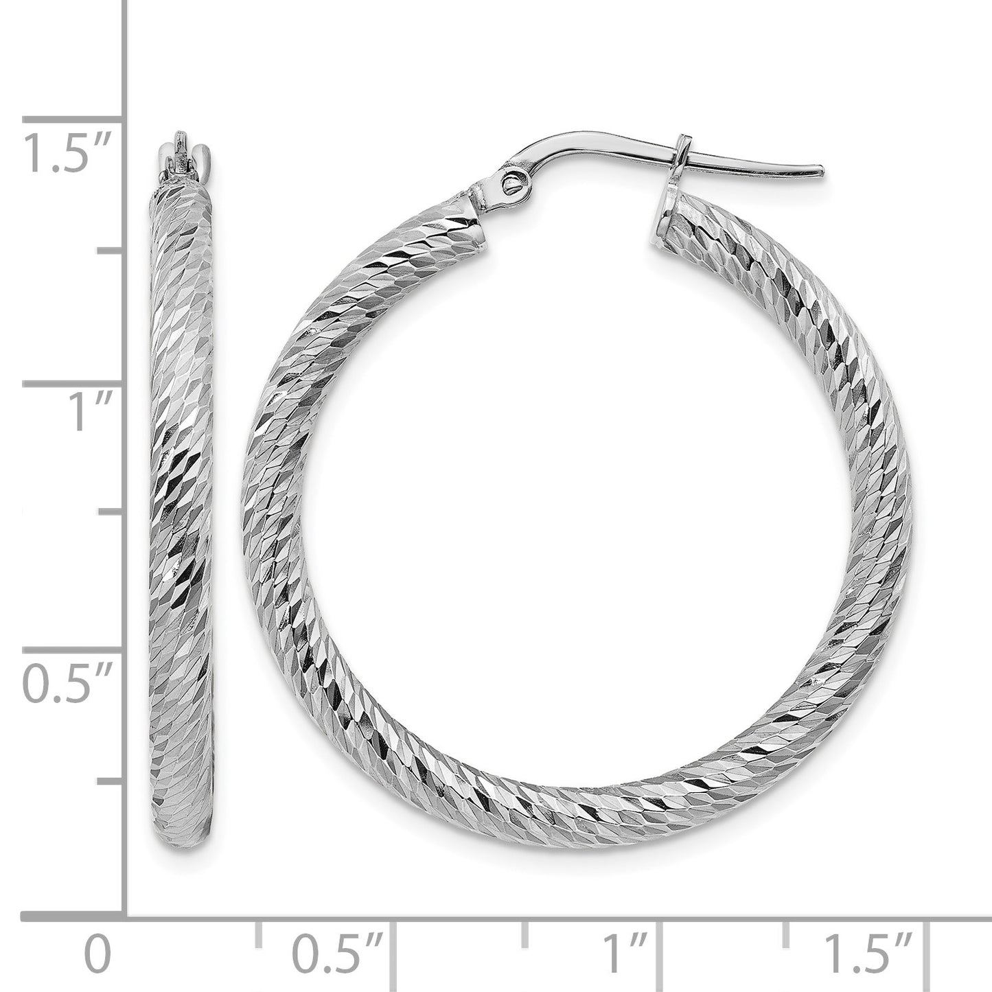 14k White Gold 3x32mm Diamond-cut Round Tube Hoop Earrings