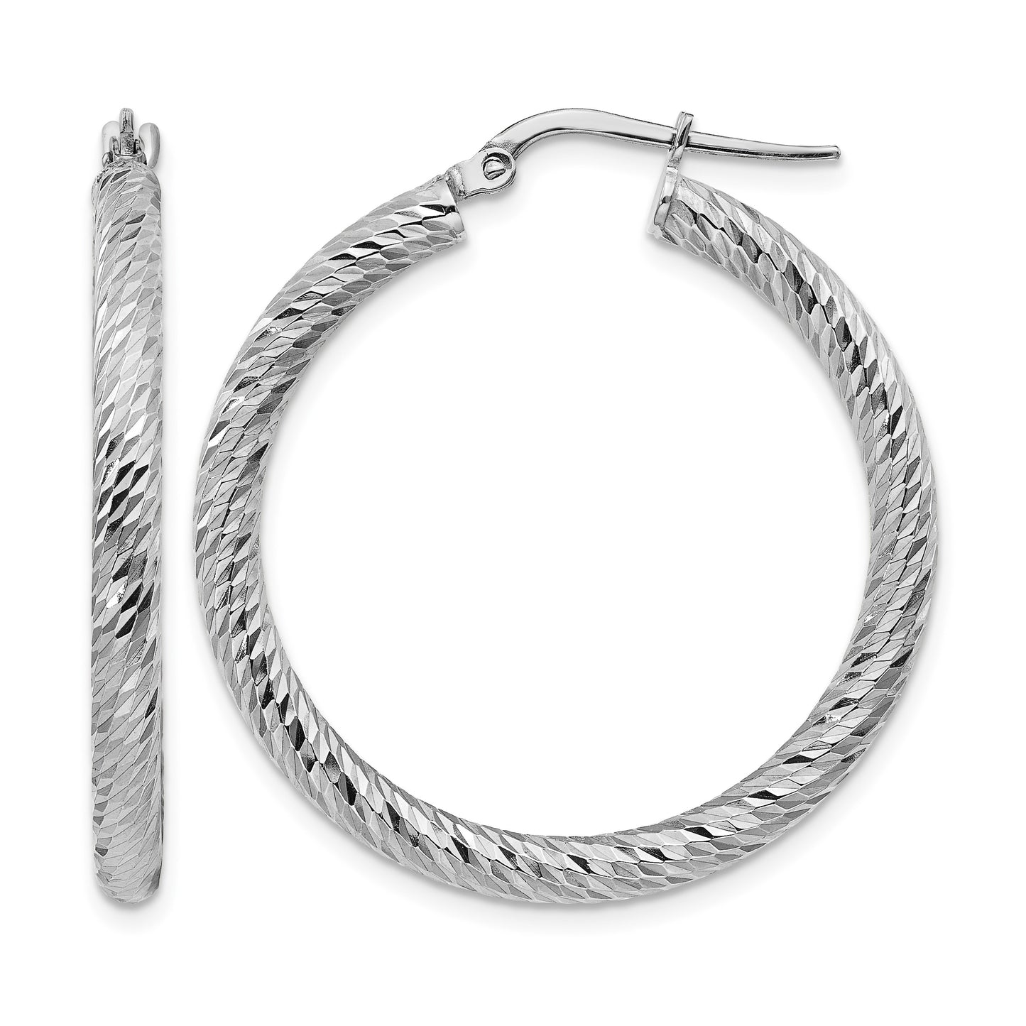 14k White Gold 3x32mm Diamond-cut Round Tube Hoop Earrings