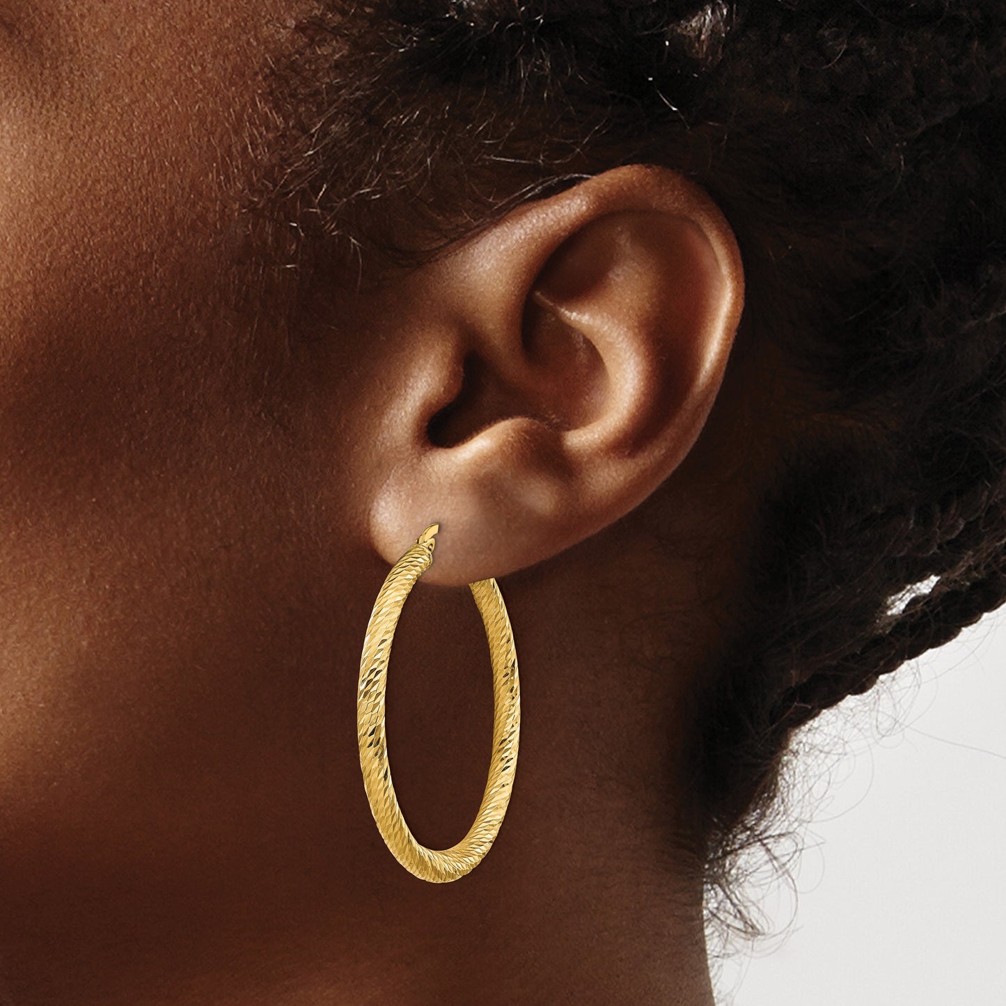 14k 3x37mm Polished Diamond-cut Round Tube Hoop Earrings