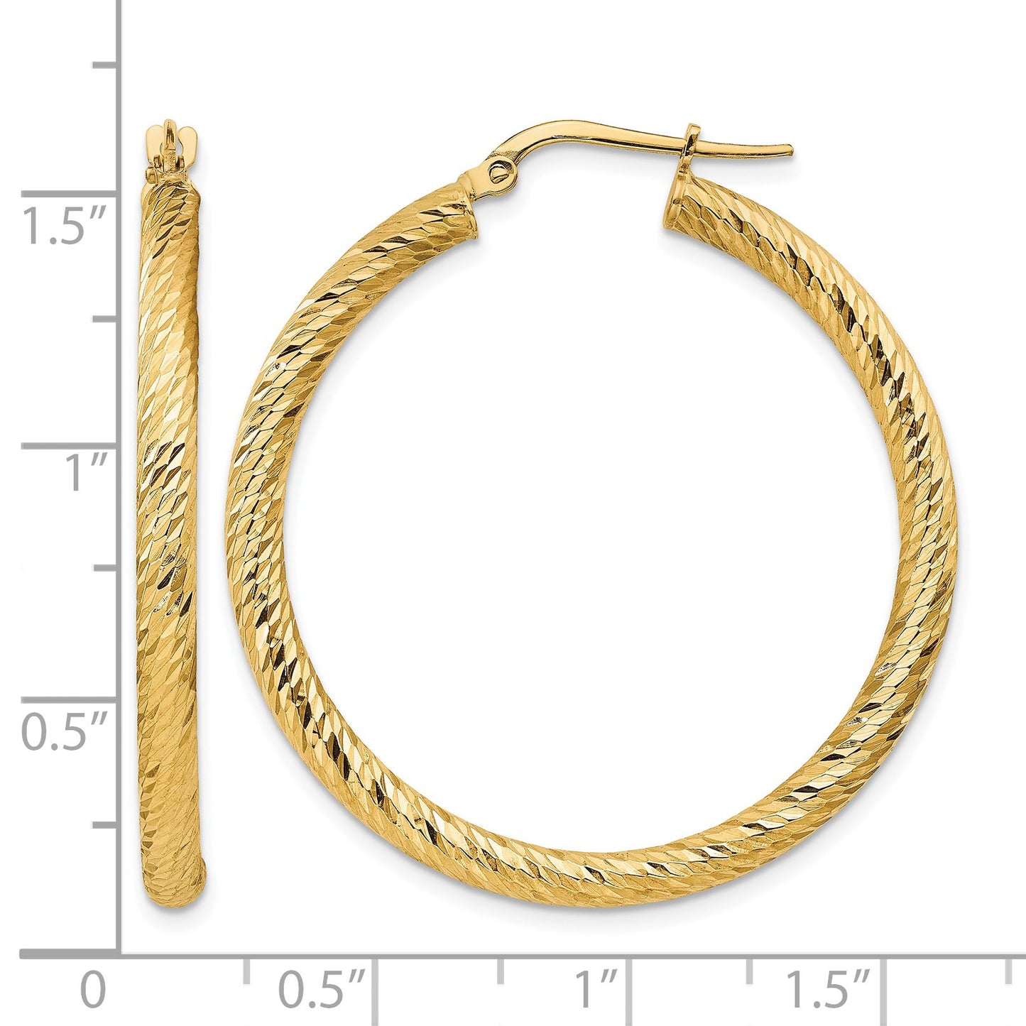 14k 3x37mm Polished Diamond-cut Round Tube Hoop Earrings