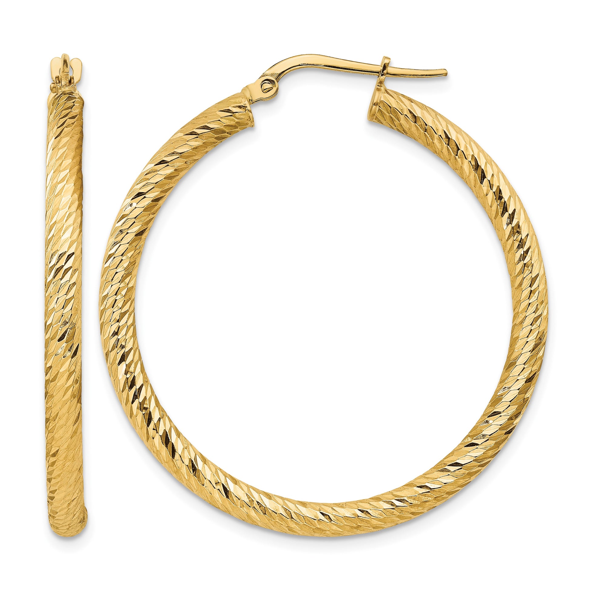 14k 3x37mm Polished Diamond-cut Round Tube Hoop Earrings