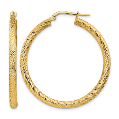 14k 3x37mm Polished Diamond-cut Round Tube Hoop Earrings