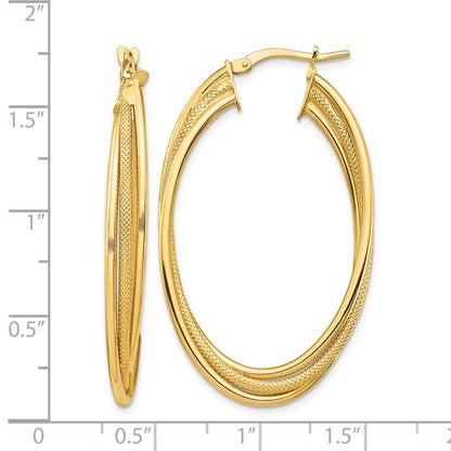 14k Polished and Textured Twisted Fancy Oval Hoop Earrings