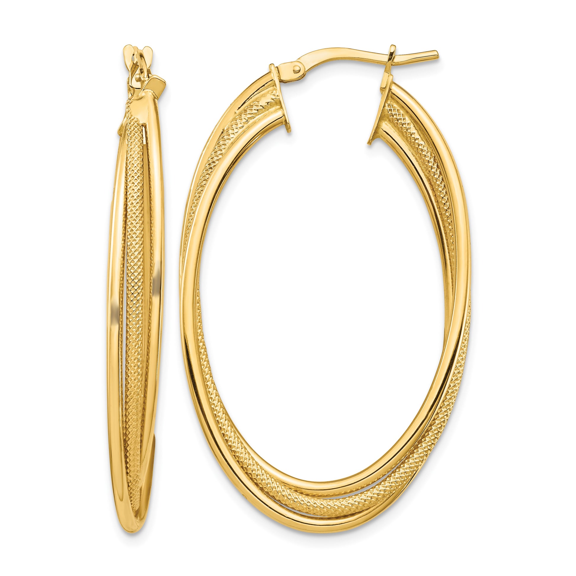 14k Polished and Textured Twisted Fancy Oval Hoop Earrings