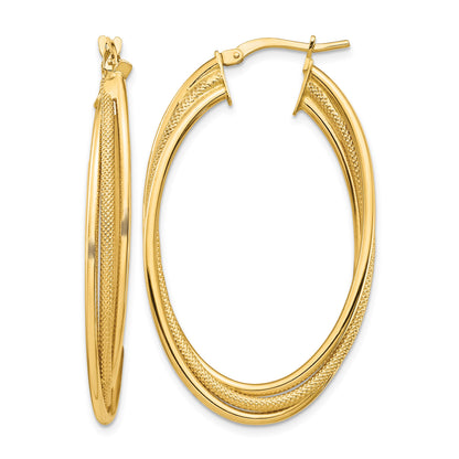 14k Polished and Textured Twisted Fancy Oval Hoop Earrings