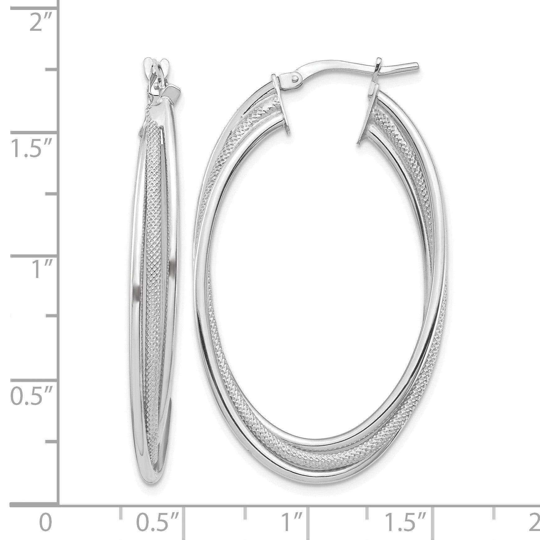 14k White Gold Polished and Textured Twisted Fancy Oval Hoop Earrings